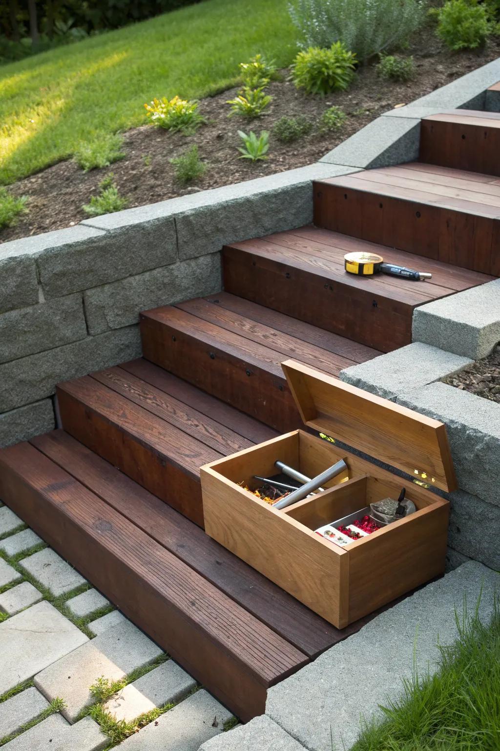 Elevate your garden with these ingenious foundation block and timber stowage steps!