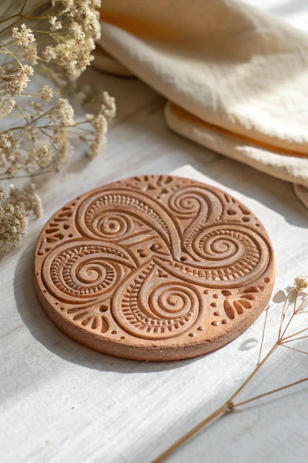 Explore refined craftsmanship with embossed clay coasters that bring an element of sophistication to any surface.