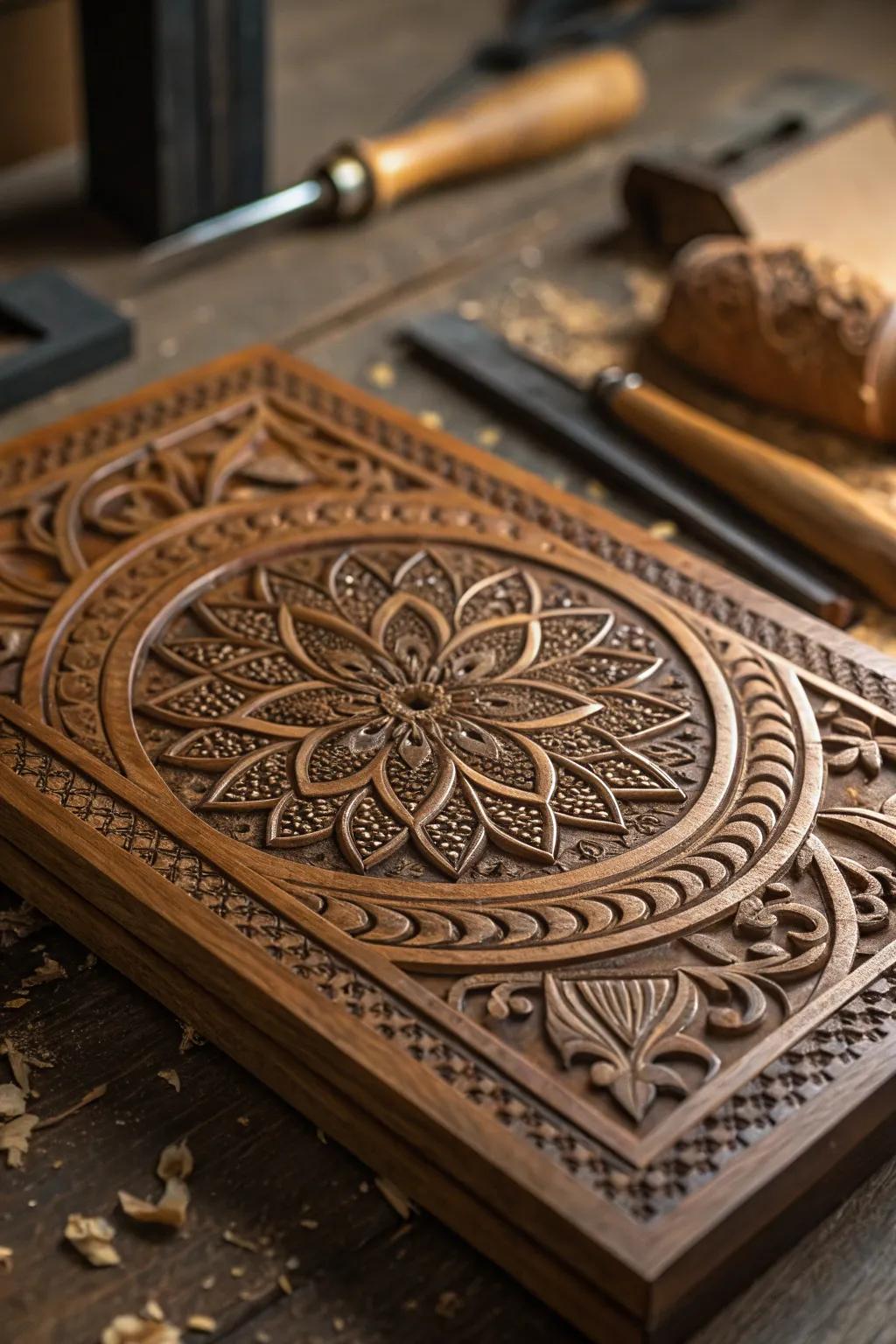 Intricate craftsmanship captured in detail: A stunning engraved timber plaque that makes a lasting impression.