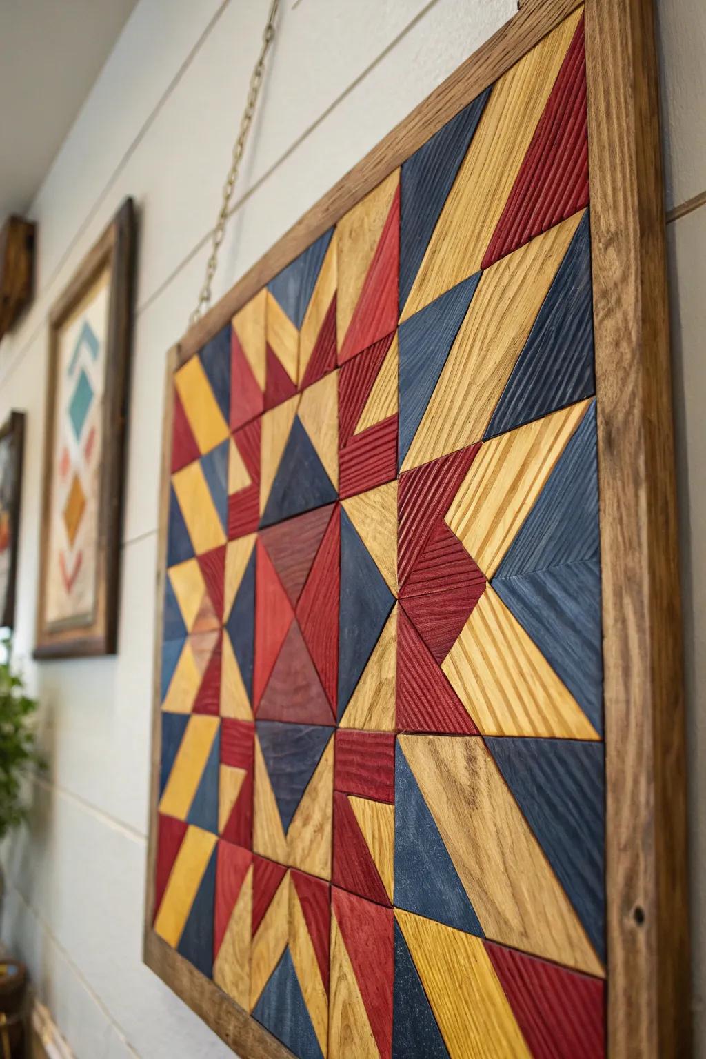 Improve your space with the bold elegance of geometric lumber art. A masterpiece of artistry and innovation.
