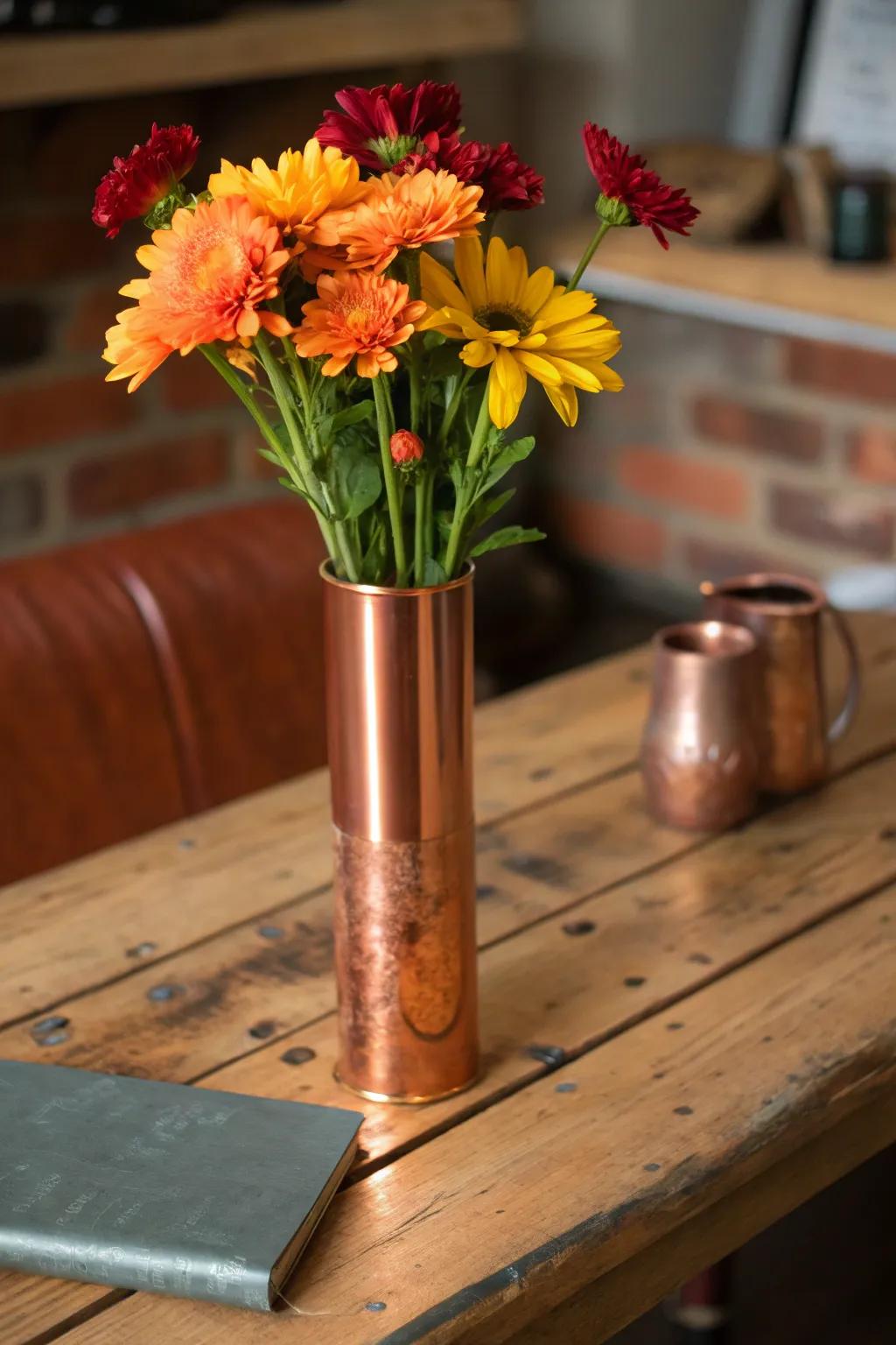 Enhance your workspace with the striking simplicity of a copper pipe single stem holder, bringing nature indoors with a hint of craftsmanship.