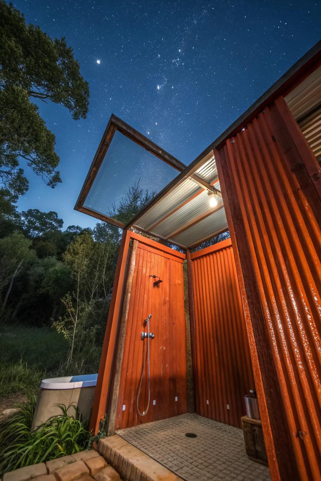 Experience the serenity of a starry night with this open-ceiling corrugated metal shower—where craftsmanship meets nature.