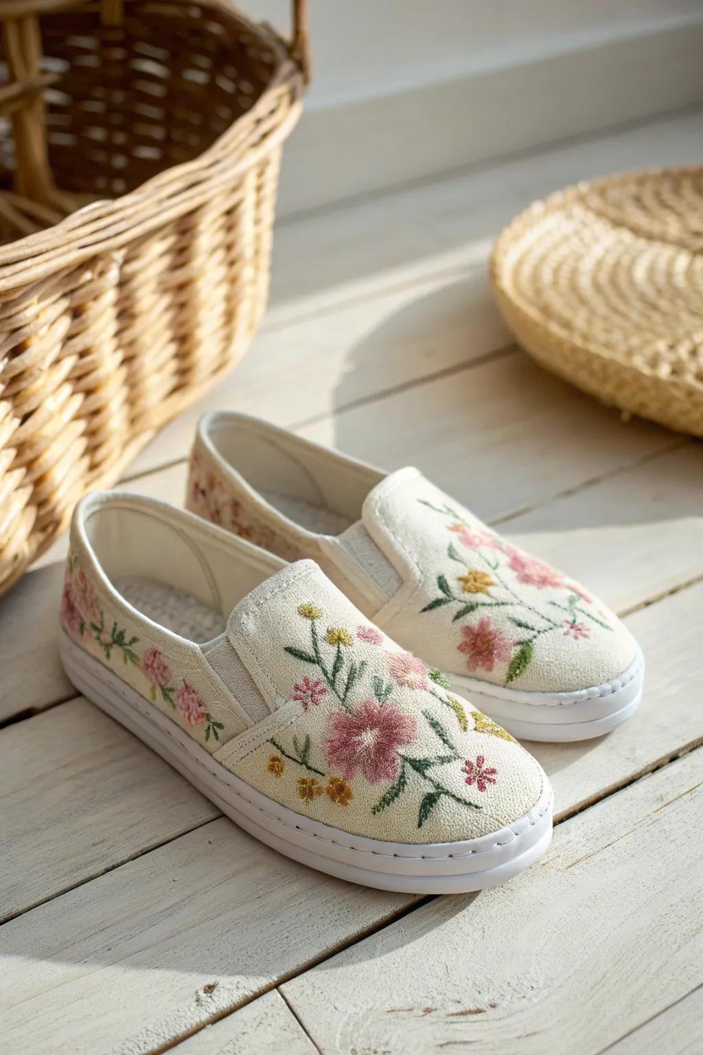 Stride in style with handcrafted allure: cross-stitched floral motifs for your cherished kicks.