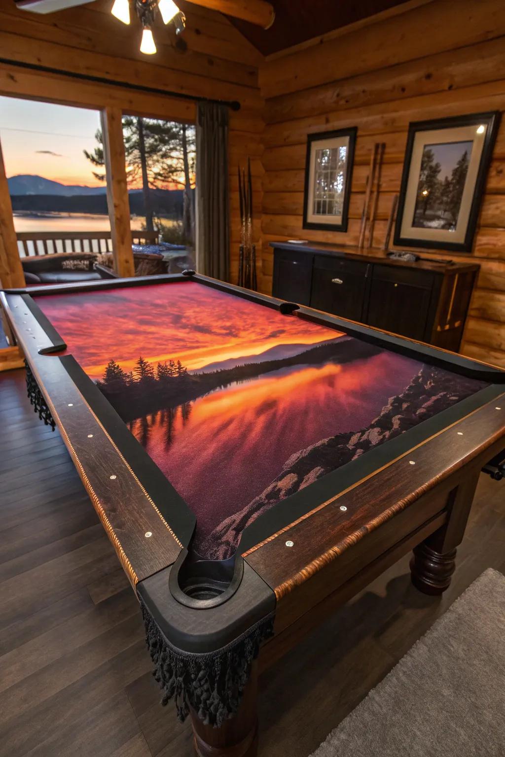 Transform your game room with a scenic billiards table felt that captures nature's stunning splendor.