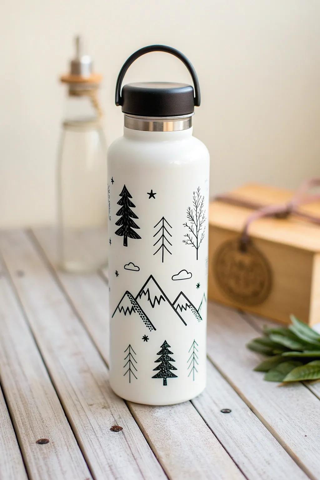 Amplify your escapade inclinations through minimalist mountain and arboreal emblems adorning your favored water bottle. Quintessential for the nature-revering spirit!