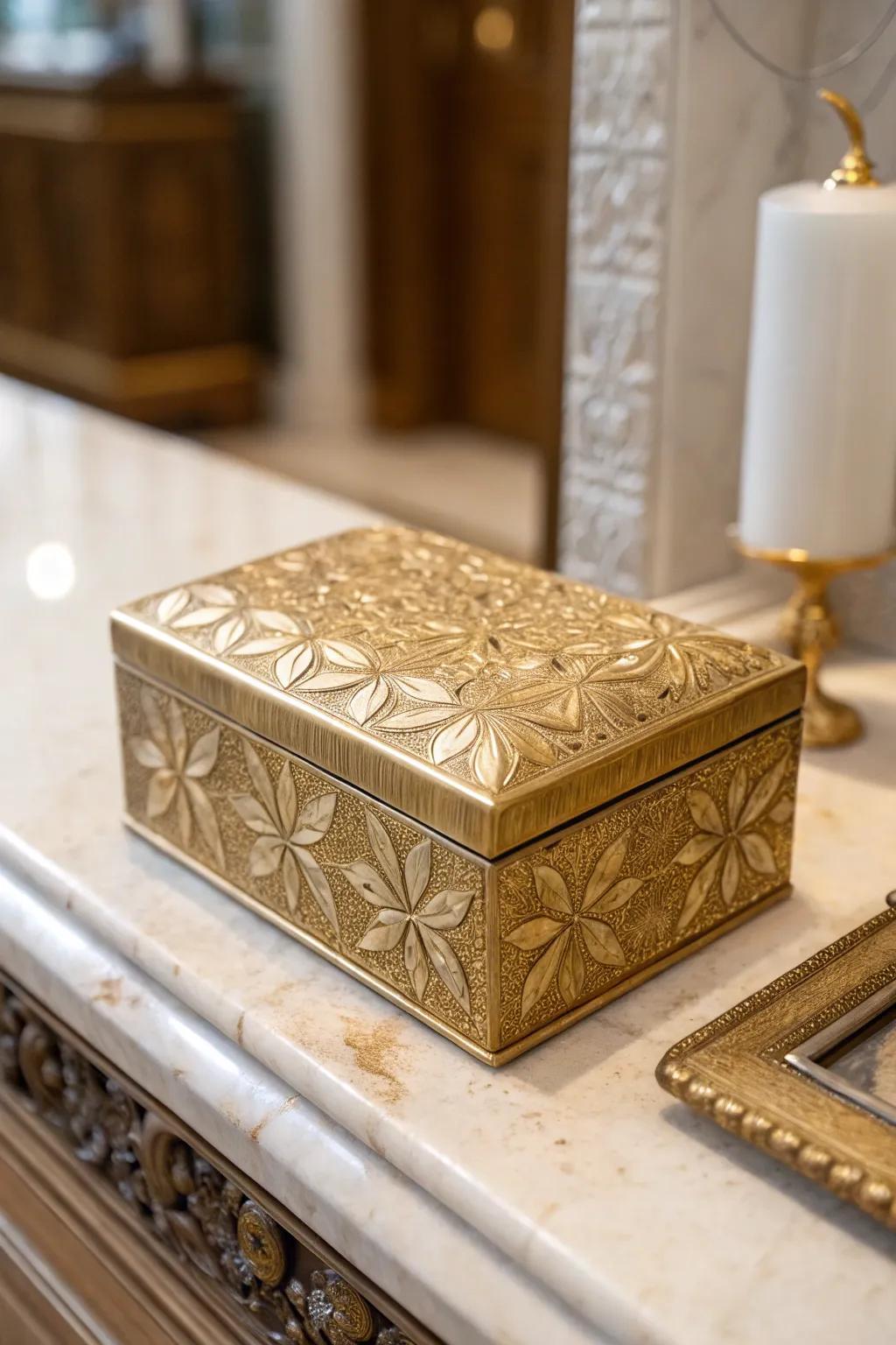 An aged metallic box, adding a lavish decorative element.