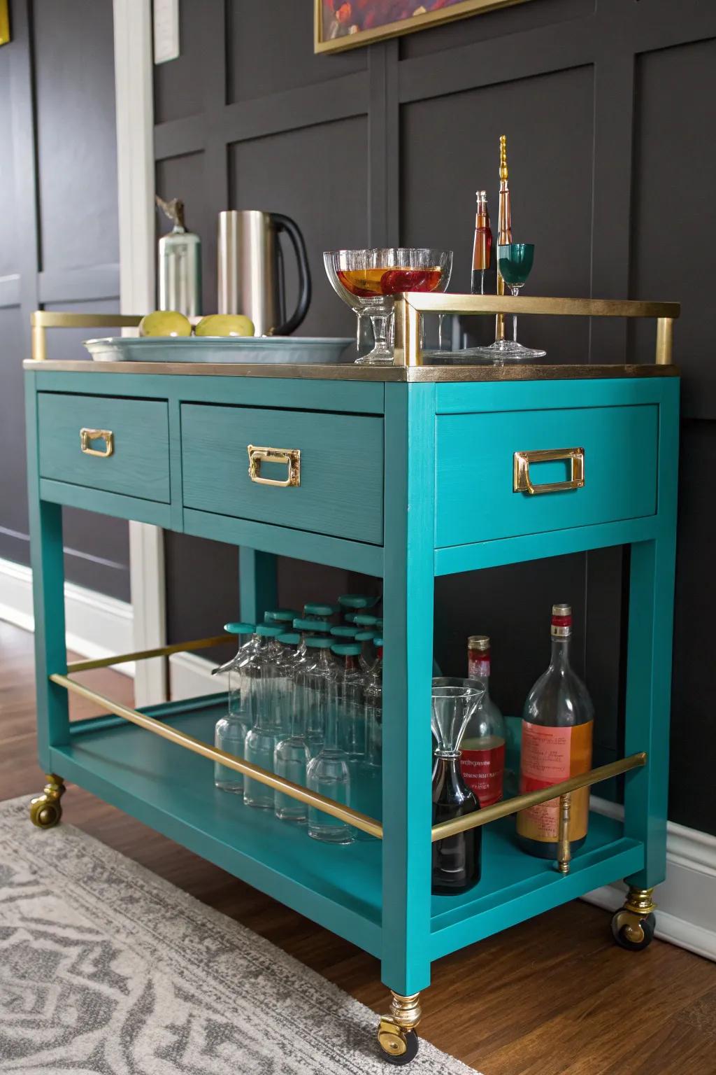 Transform your domestic bar with a daring teal masterpiece that captures attention and elicits admiration.