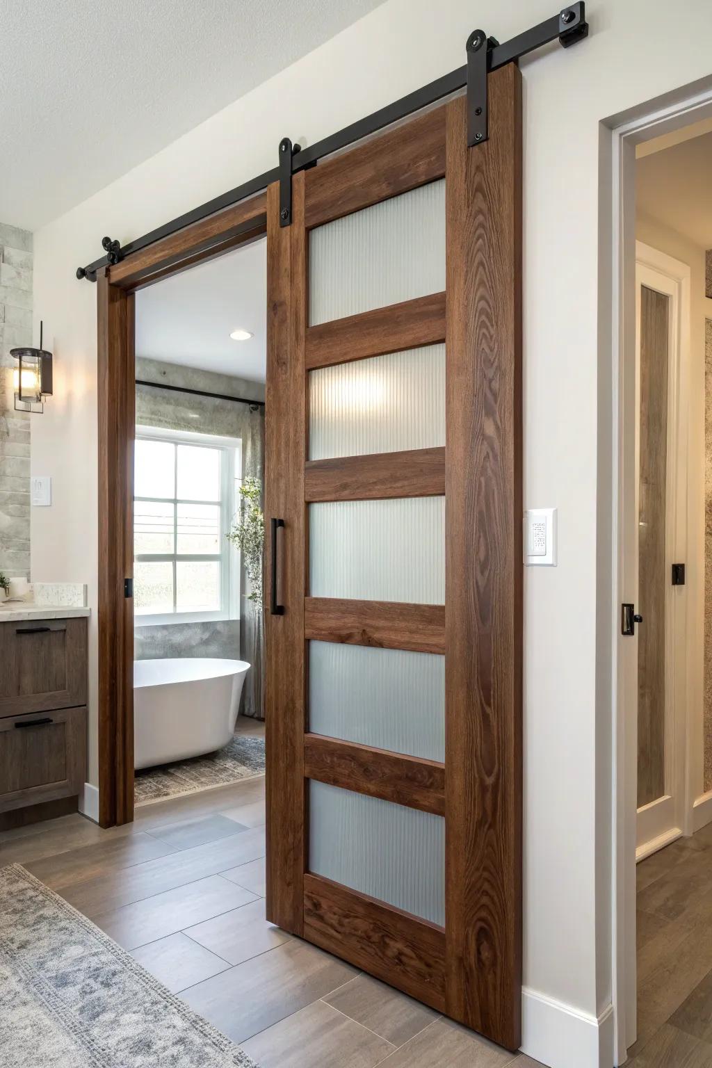 Lift your area using a barn door that harmonizes privacy and radiance.