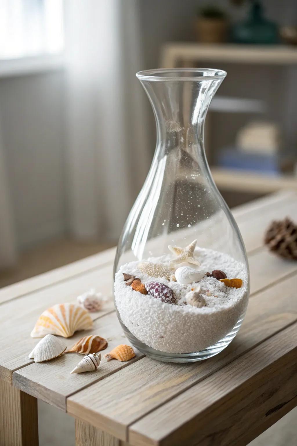 Alter everyday glassware into beachside treasures through grit and shells.