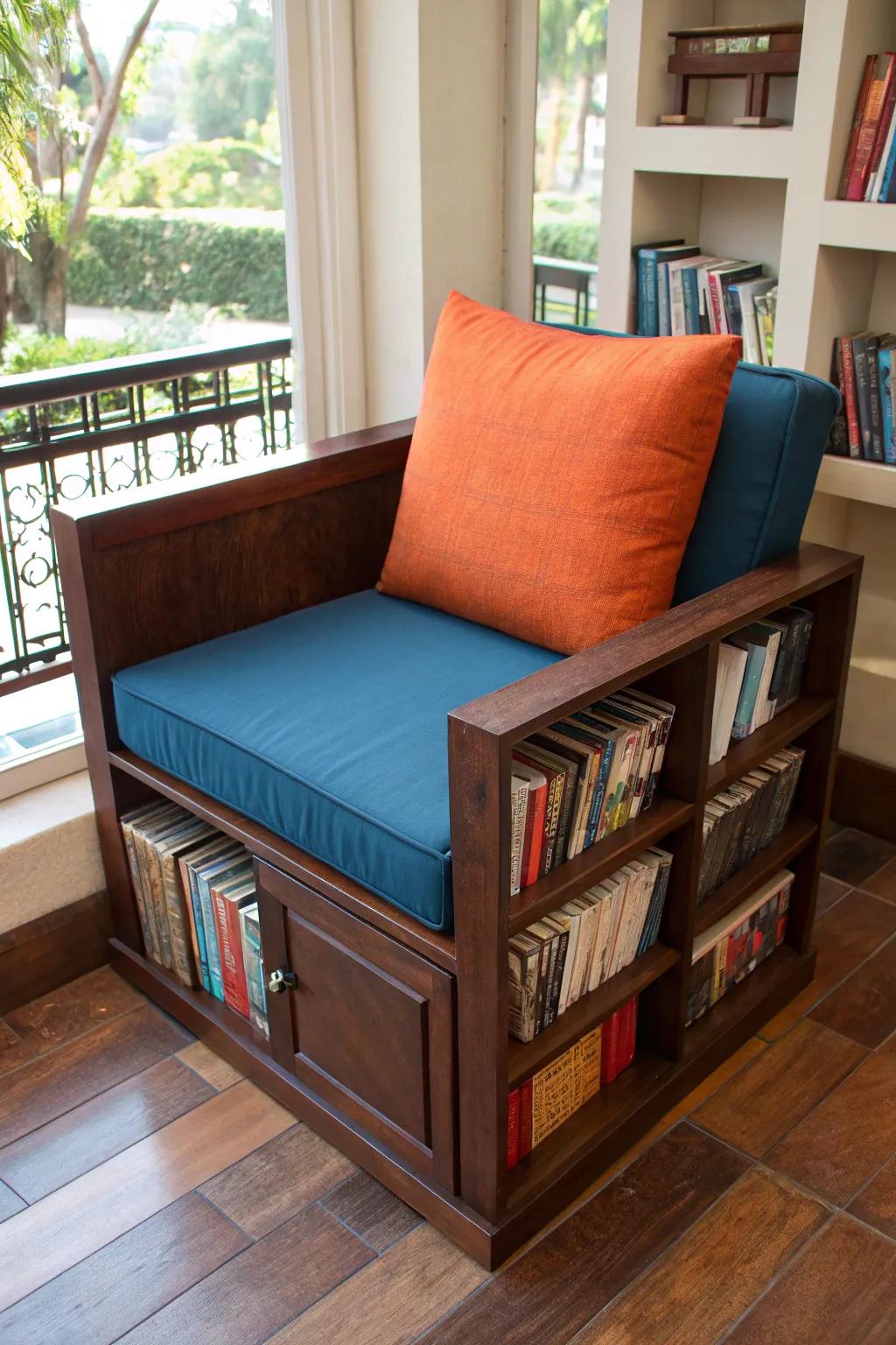 Creative Comfort: Change your bookshelf into a snug seat with inbuilt storage for an unparalleled reading retreat.