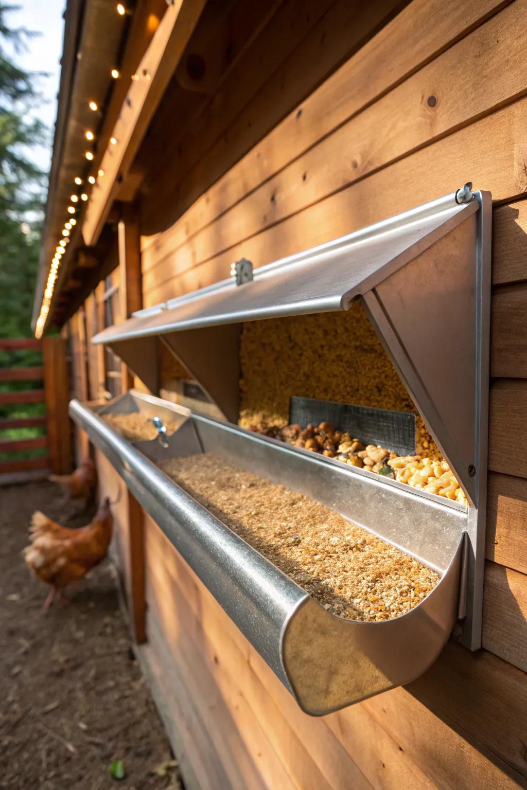 Revamp your coop with a chic and practical gutter feeder—where design complements practicality!