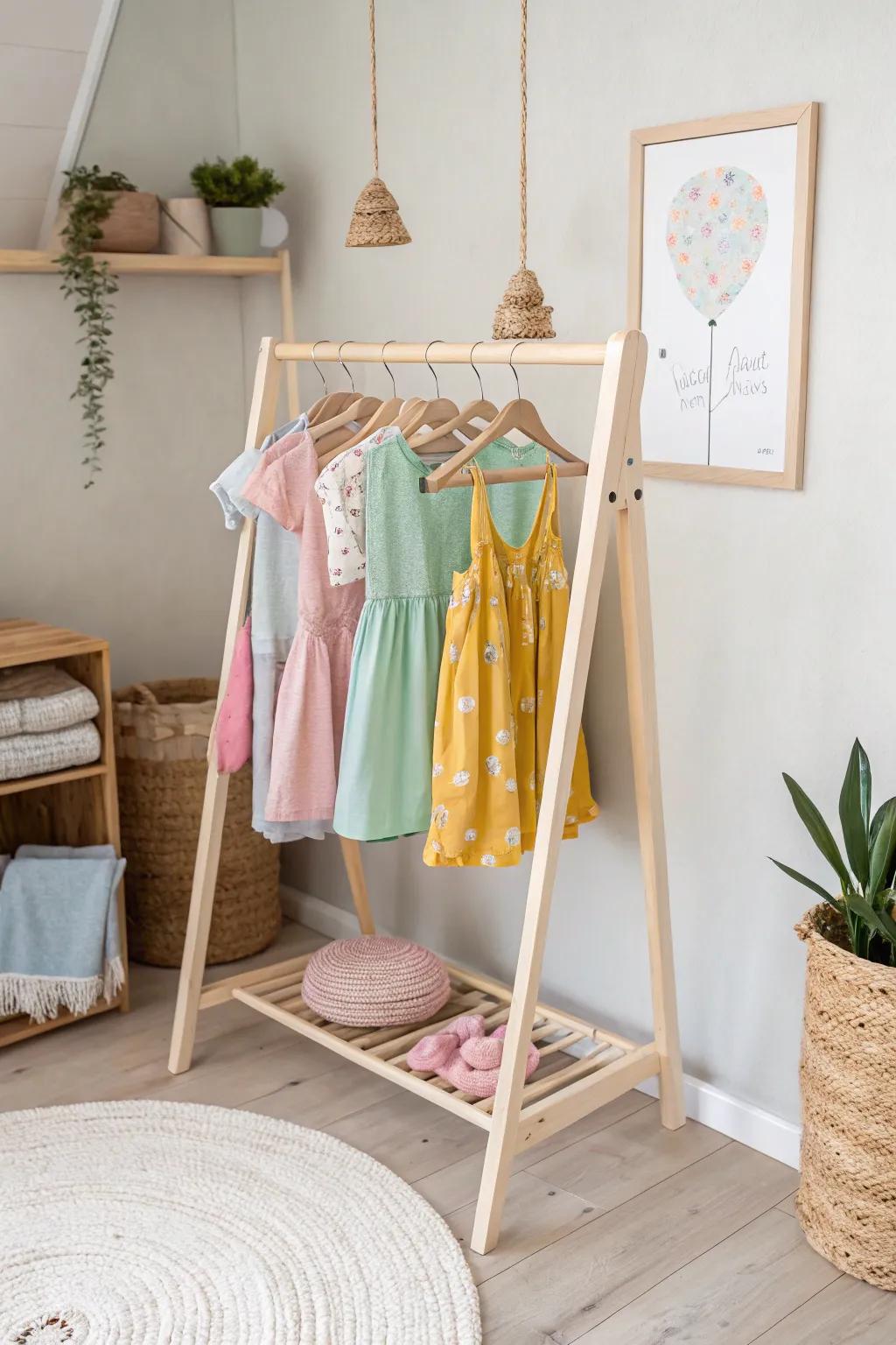 Illuminate your child's chamber with an enchanting DIY garment stand, fusing Scandinavian unclutteredness with playful Boho hues.