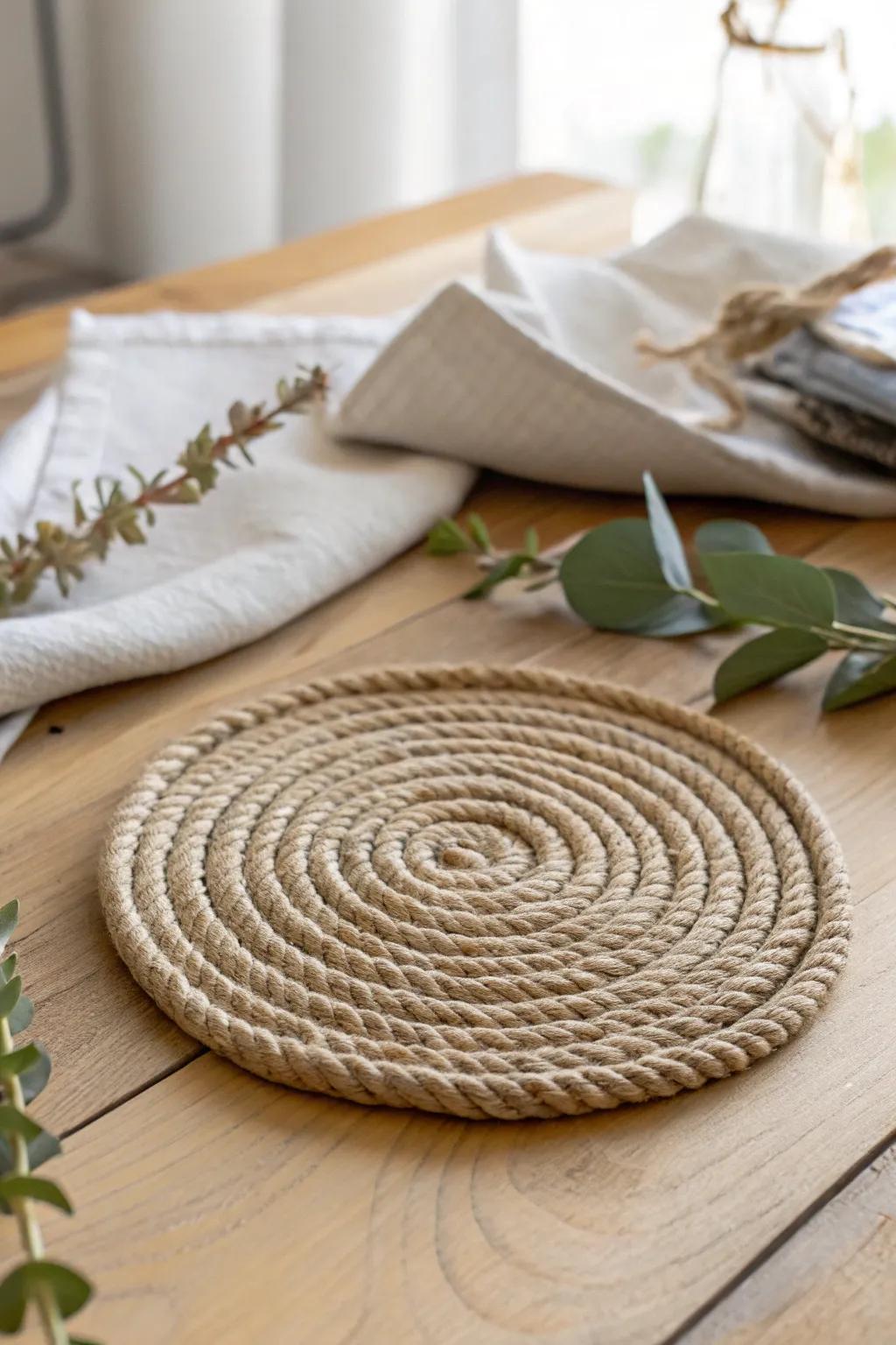 Embrace countryside elegance with handcrafted wound cord coasters, where simplicity meets natural beauty.