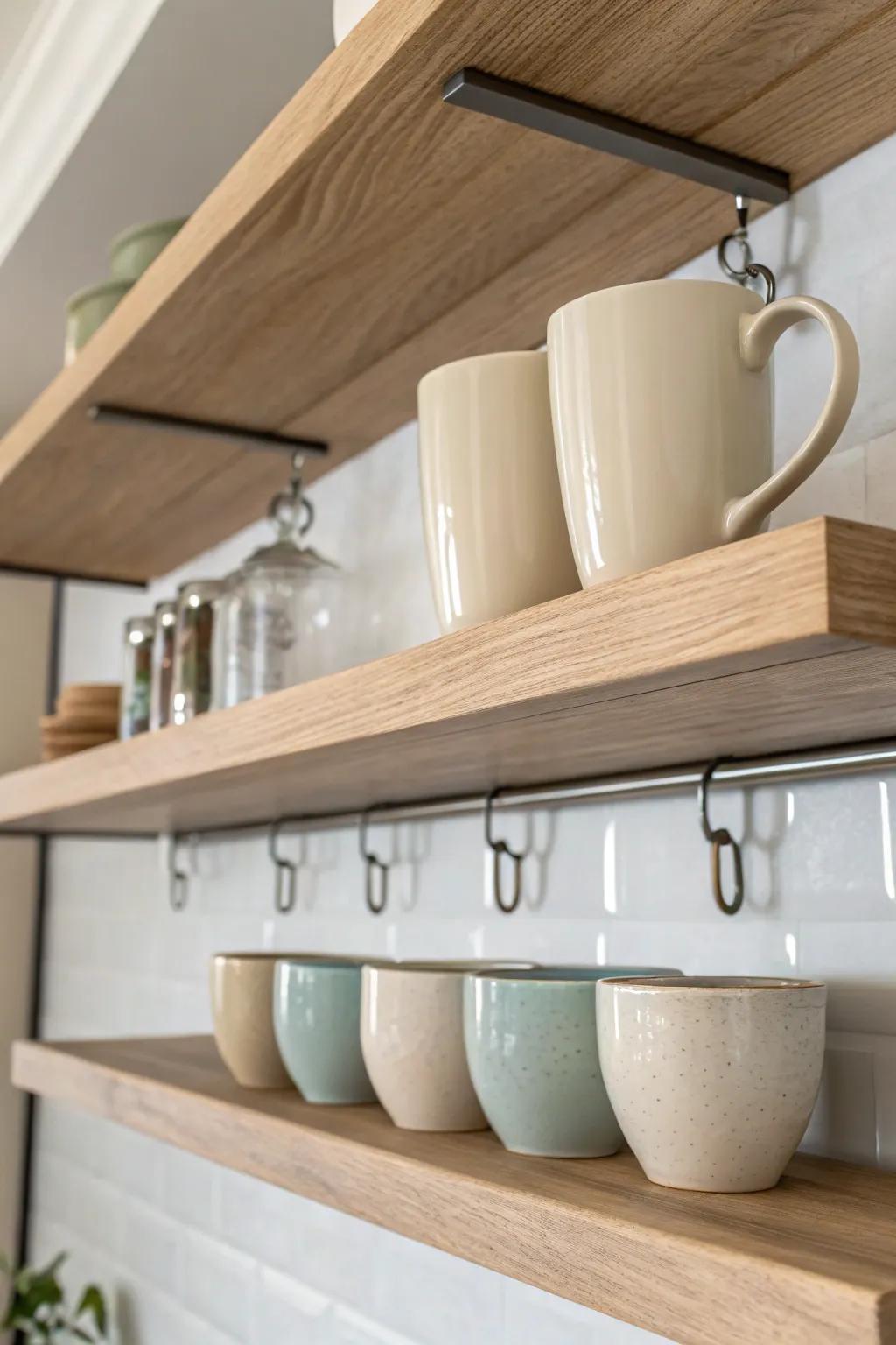 Transform your kitchen using these elegant under-shelf mug hangers for a stylish and organized area.
