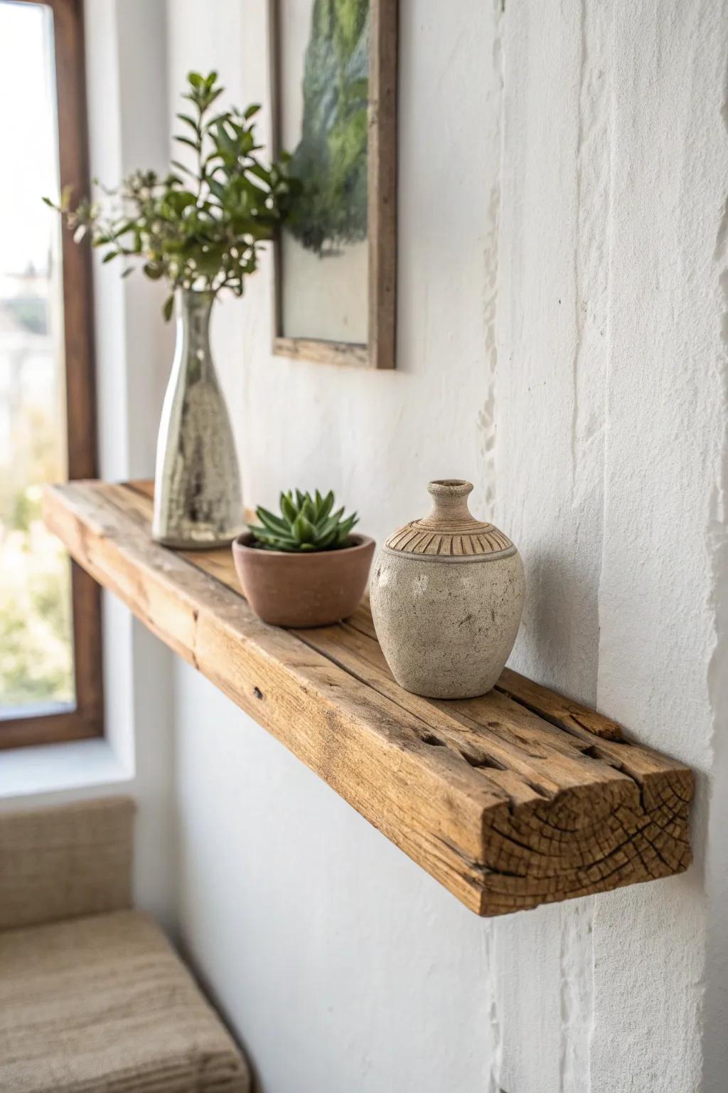 Embrace simplicity with rustic floating shelves that blend natural beauty and minimalist charm.