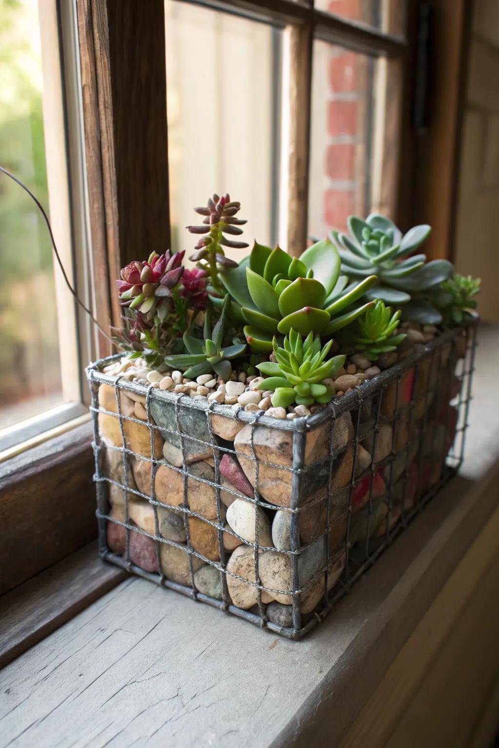 Elevate your area with an artisanal petite gabion planter—where artistry harmonizes with the essence of nature.