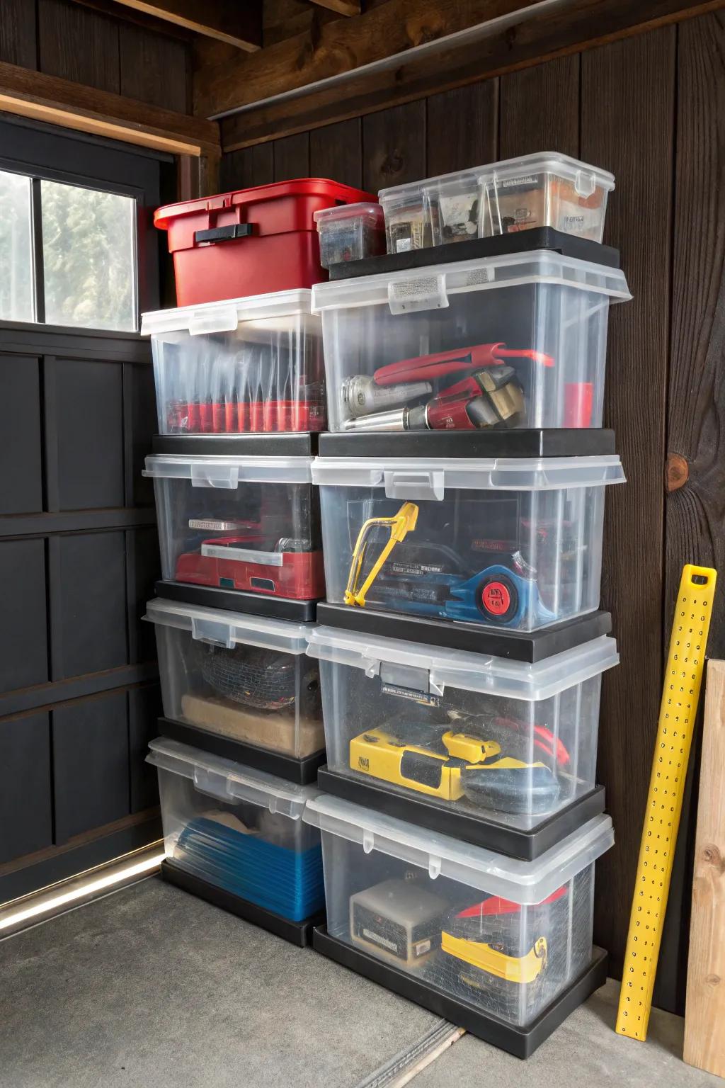 Maximize your garage's potential using structured, see-through storage bins, ensuring effortless access to your tools and supplies.