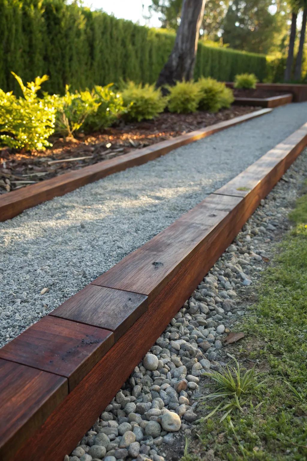 Elevate your garden with the perfect blend of timber and gravel for a stunning pathway.