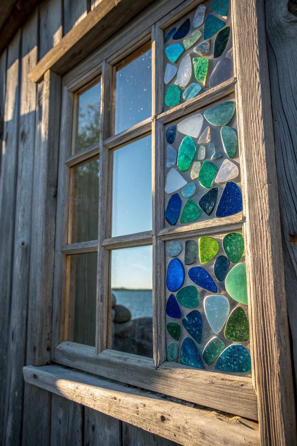 Convey the ocean indoors with this staggering seaglass window artistry.