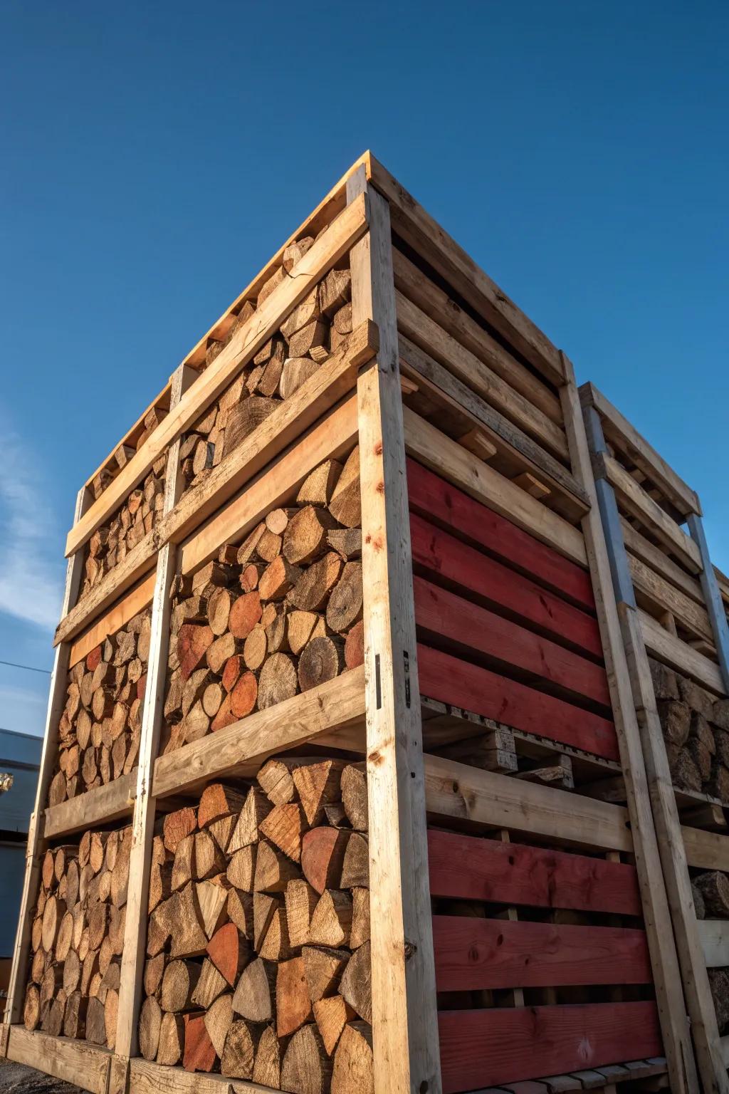Maximize your firewood storage with this striking multi-pallet rack—where craftsmanship meets functionality.