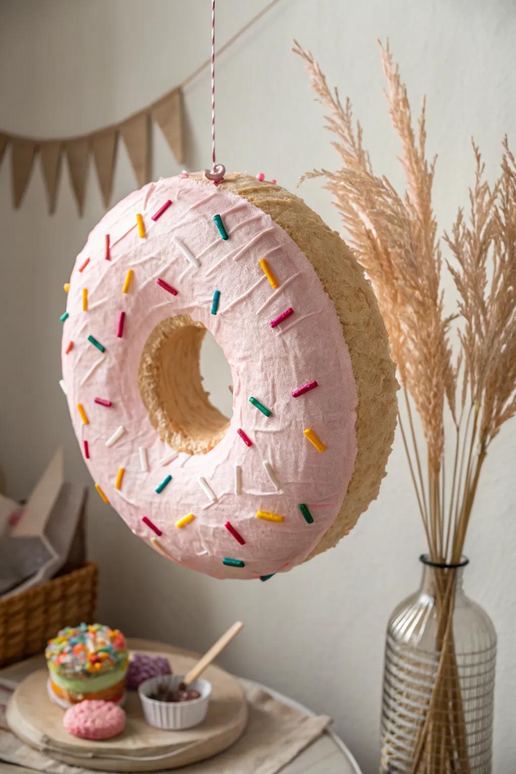 Rejoice in simplicity with this charming giant doughnut piñata, the quintessential centerpiece for any sugary celebration!