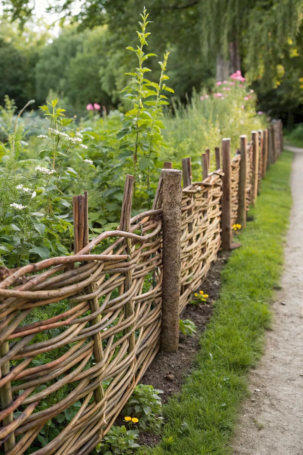 Embrace countryside charm with a handcrafted woven branch screen, the quintessential backdrop for your garden retreat.