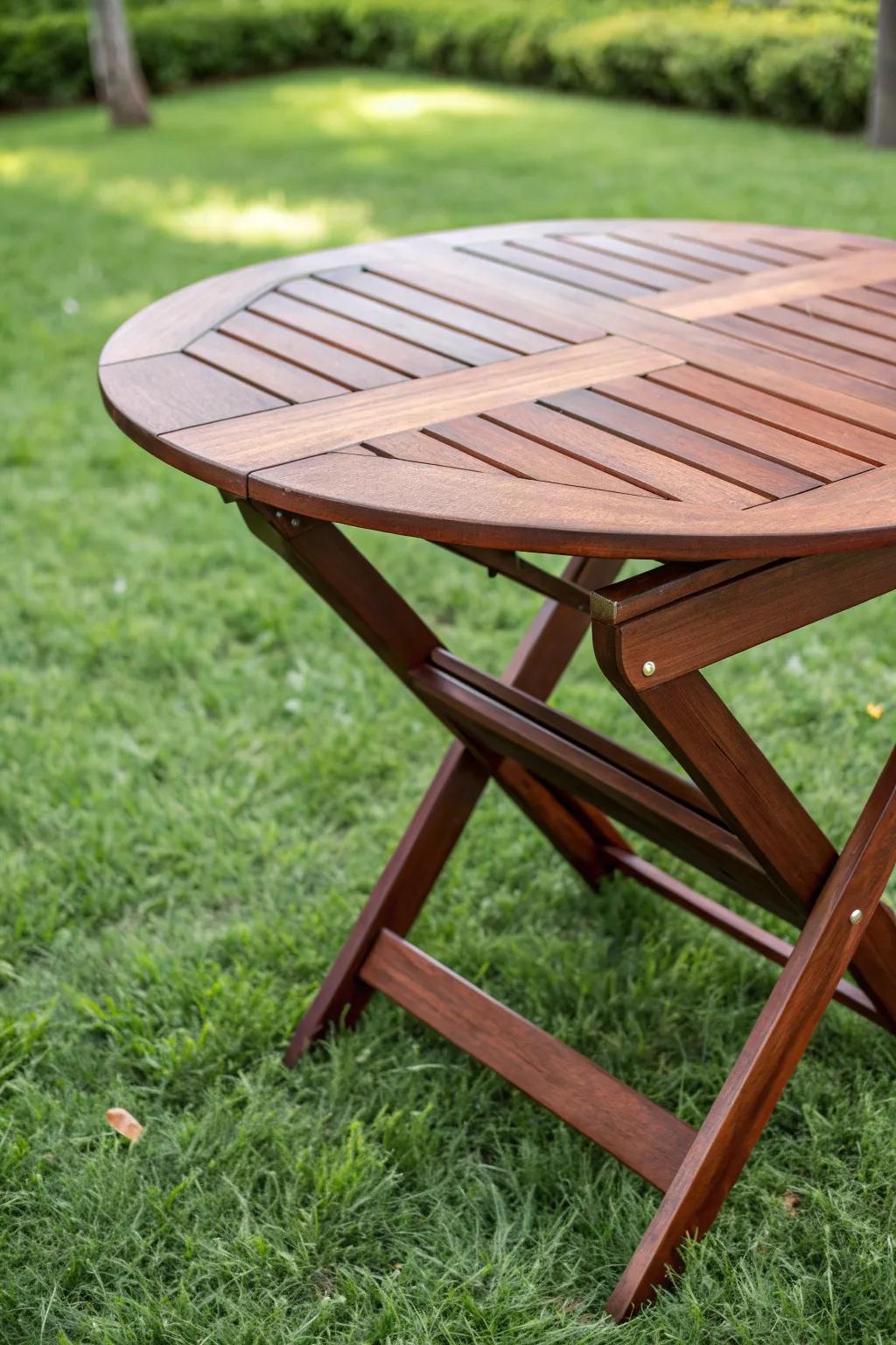 Room-saving elegance: The quintessential collapsible circular table for your snug alfresco sanctuary.