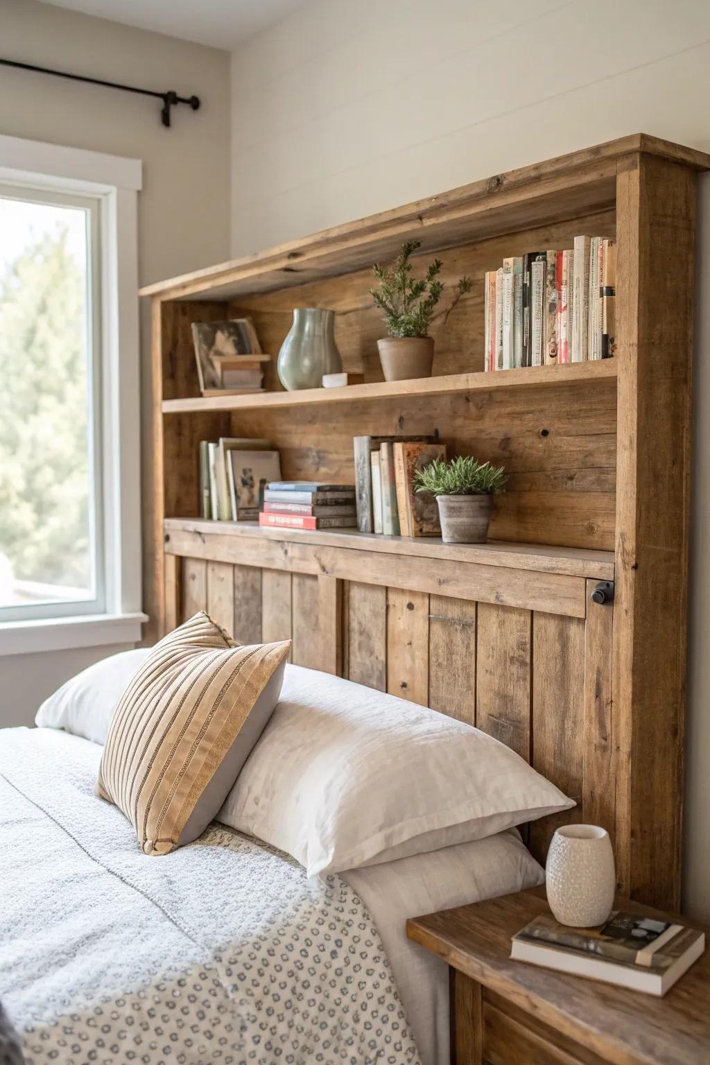 Elevate your bedroom with a rustic headboard that combines style and function. Perfect for bedtime reads and a touch of nature.