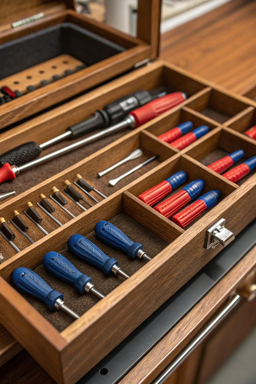 Enhance your toolbox setup with a flawlessly arranged drawer—where each screwdriver has its allotted space.