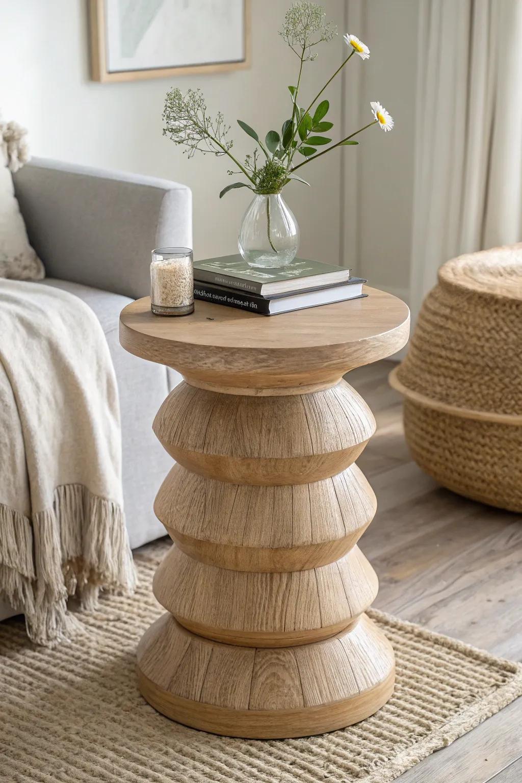 Uplift your dwelling with the charm of a piled wood side table—where Scandinavian unpretentiousness converges with boho warmth.