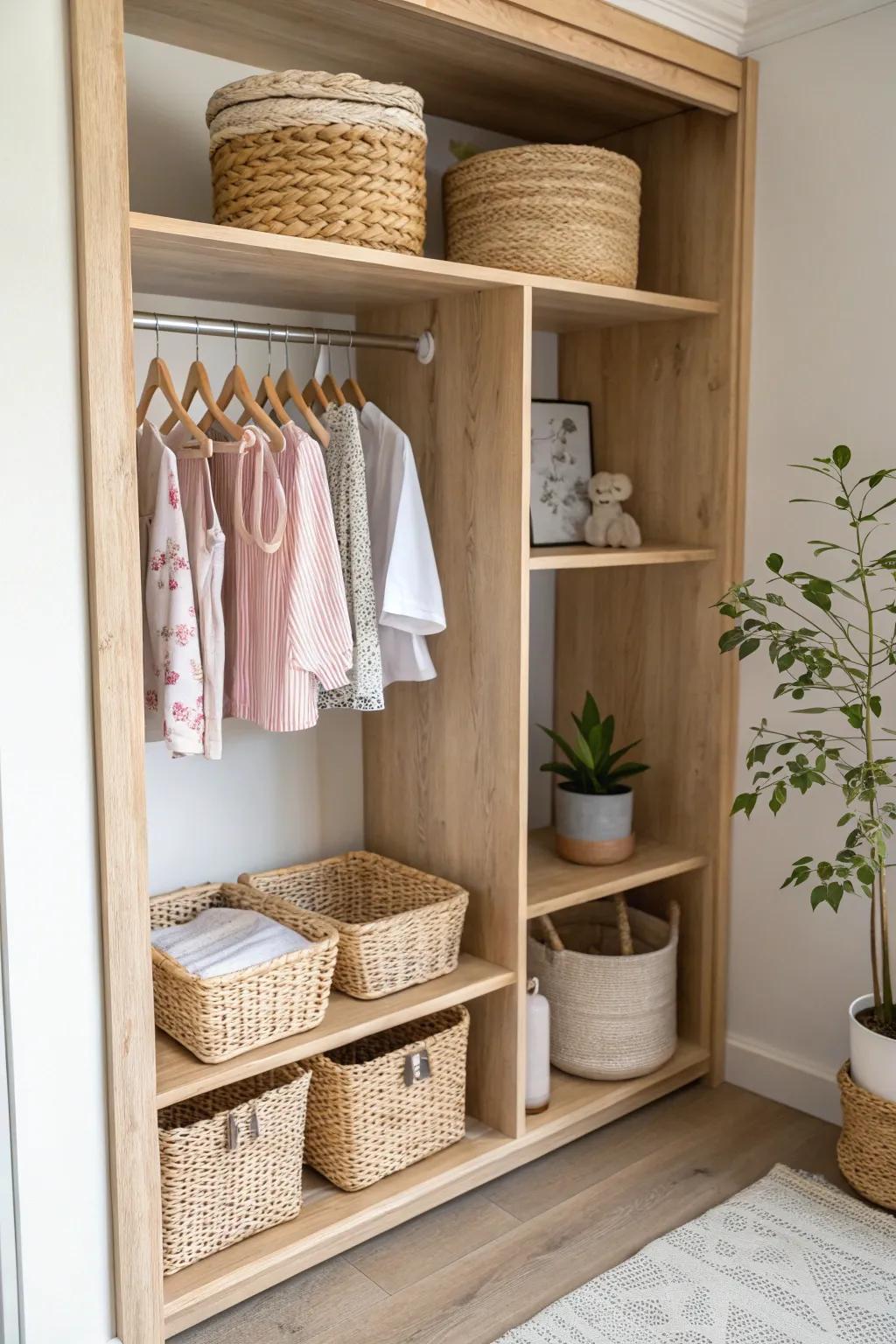 Revamp confined spaces with compact, fashionable baby closet designs that celebrate simplicity and natural beauty.