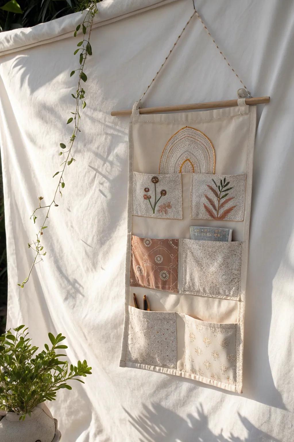 Enhance your task management with a chic fabric pocket organizer, adding a touch of minimalist charm to your space.