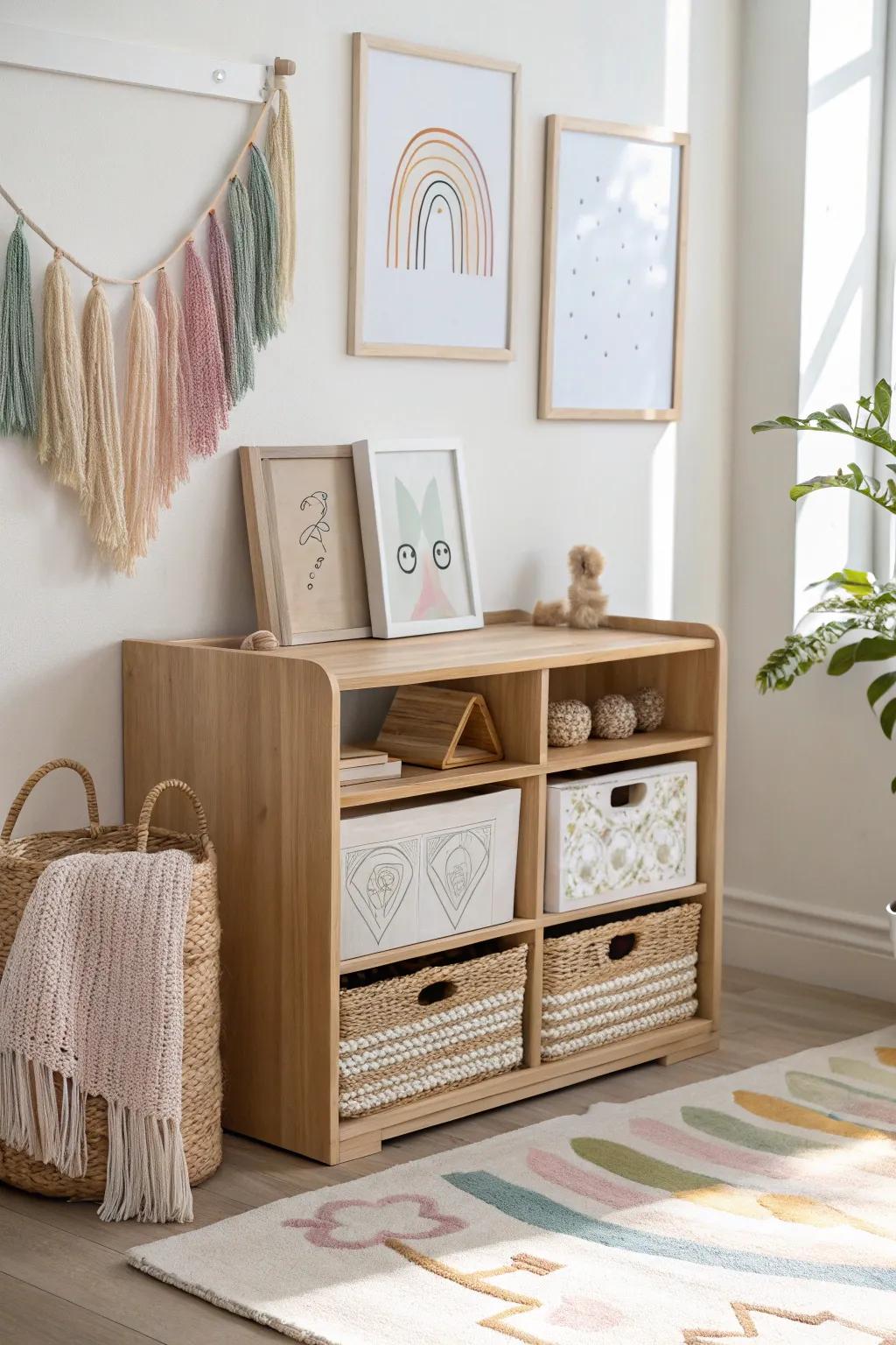 Transform toy storage into an artistic showcase with a hint of Scandinavian-Boho style. 🎨✨ #ArtisticStorage #MinimalistDesign