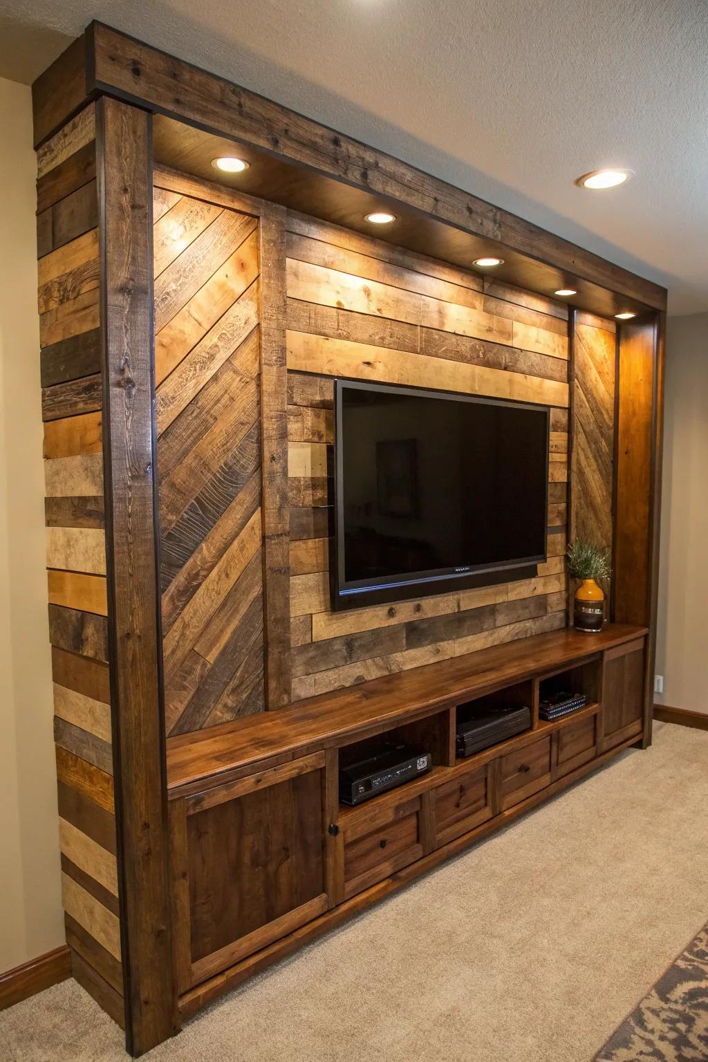Elevate your television sector with a handcrafted timber clad backdrop, wherein sustainability converges with panache.