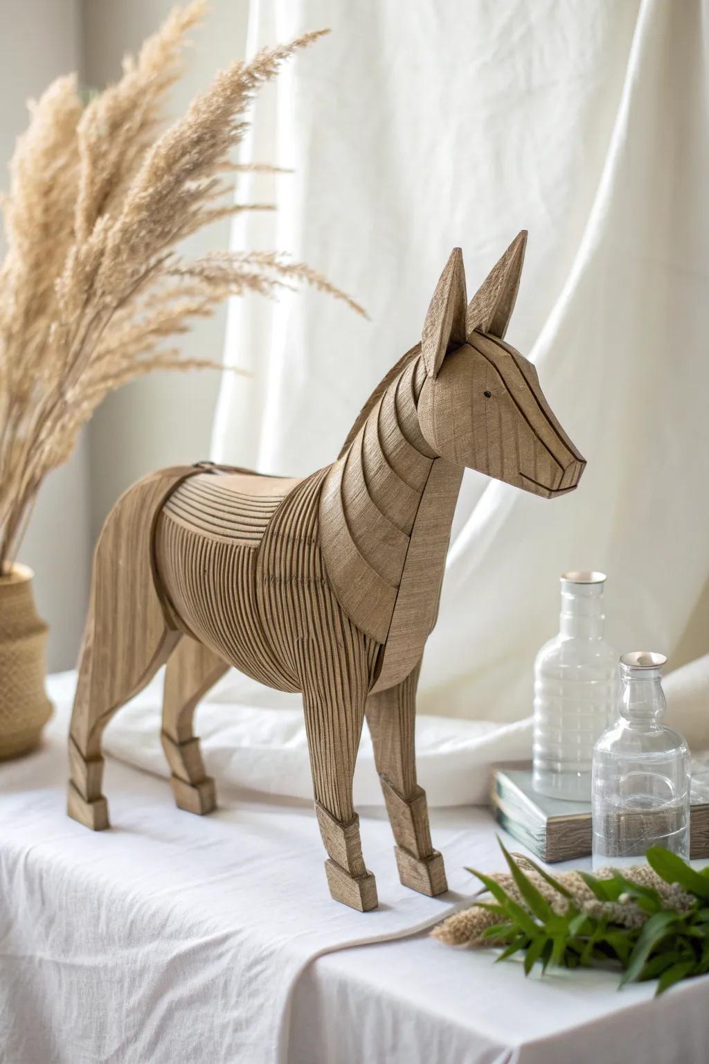 Transfigure refuse into artistry with this captivating reclaimed donkey statue, a flawless synthesis of unpretentiousness and craftsmanship.