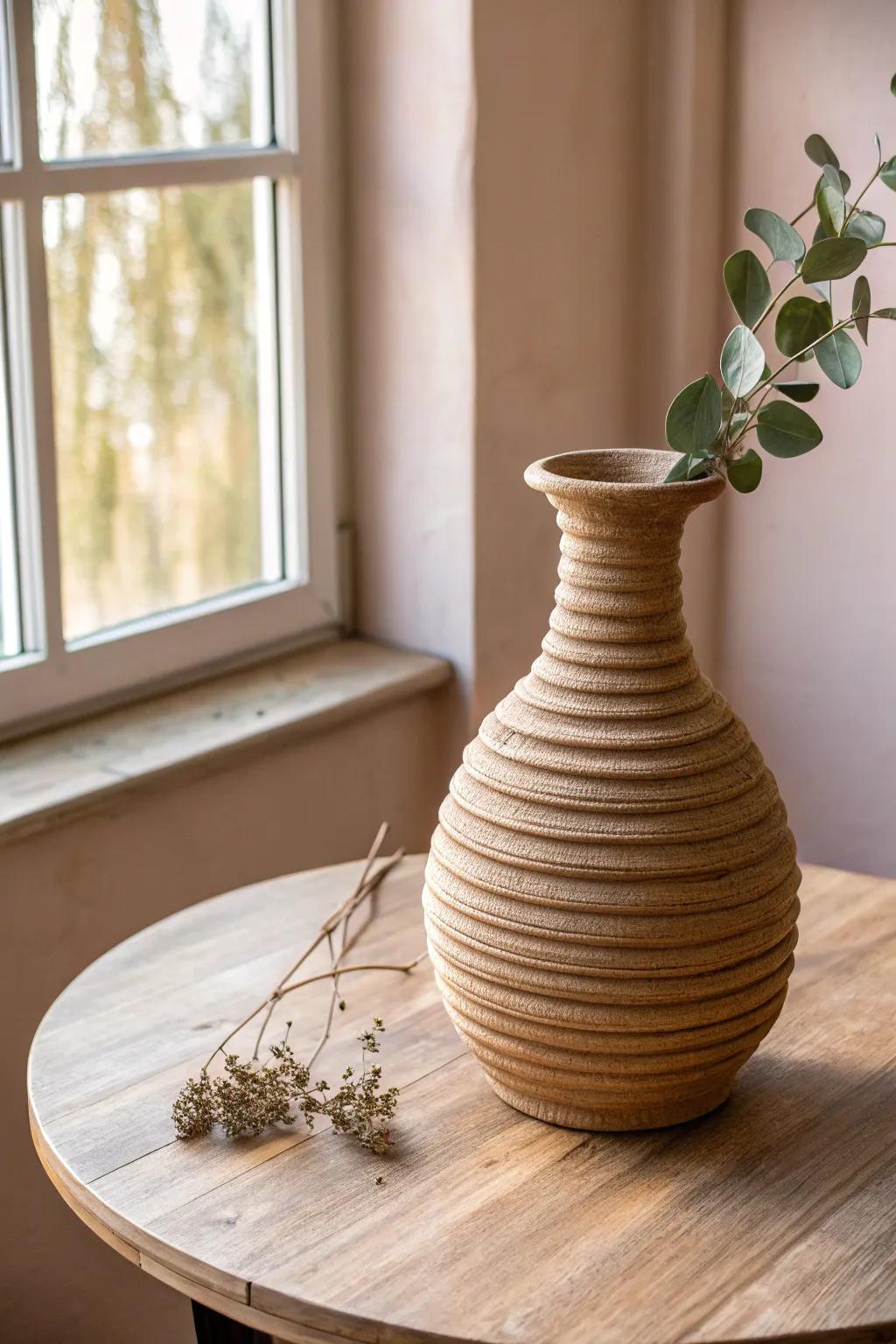 Embrace the allure of handcrafted splendor through this unpretentious wound vessel vase, optimal for a hint of rustic sophistication in any environment.