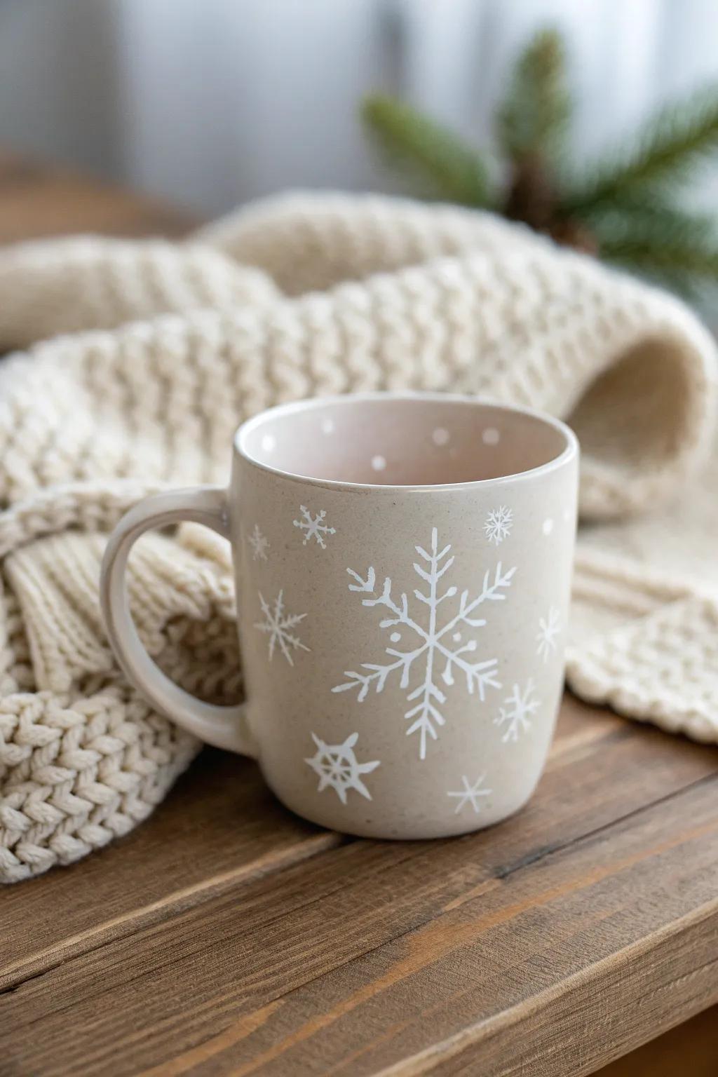 With its simple elegance, the season is captured: a minimalist snowflake mug design that warms the soul.