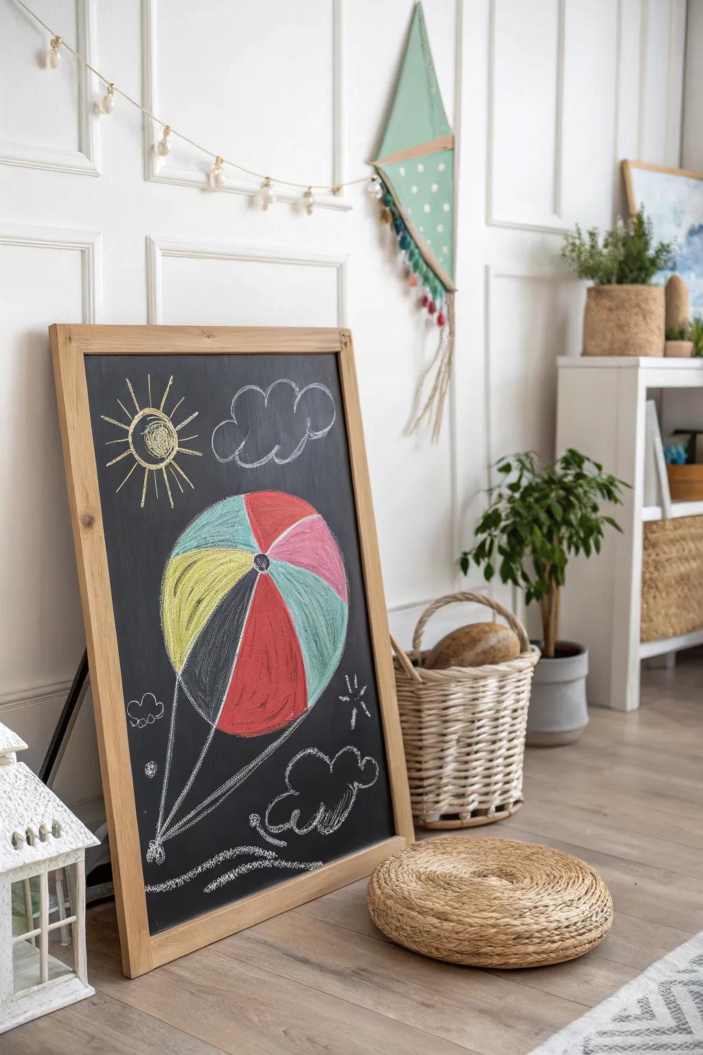 Convey summer sensations indoors with this charming beach orb and kite chalkboard artistry!