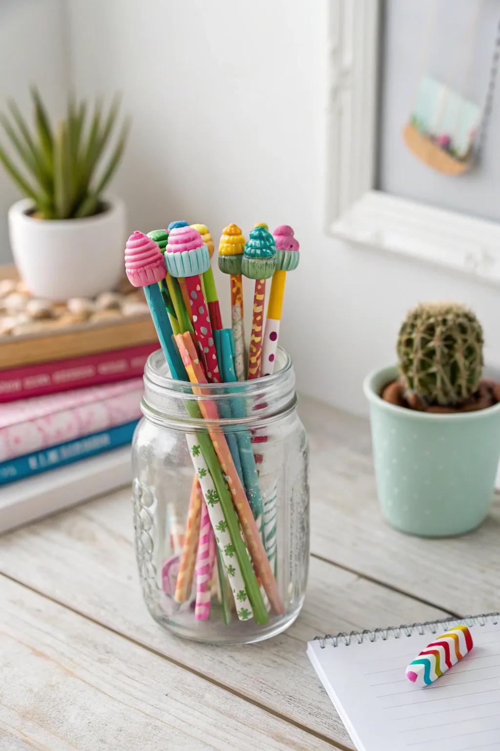 Brighten up your study space with a jar of joy: pencil toppers for a creative start to the school year!