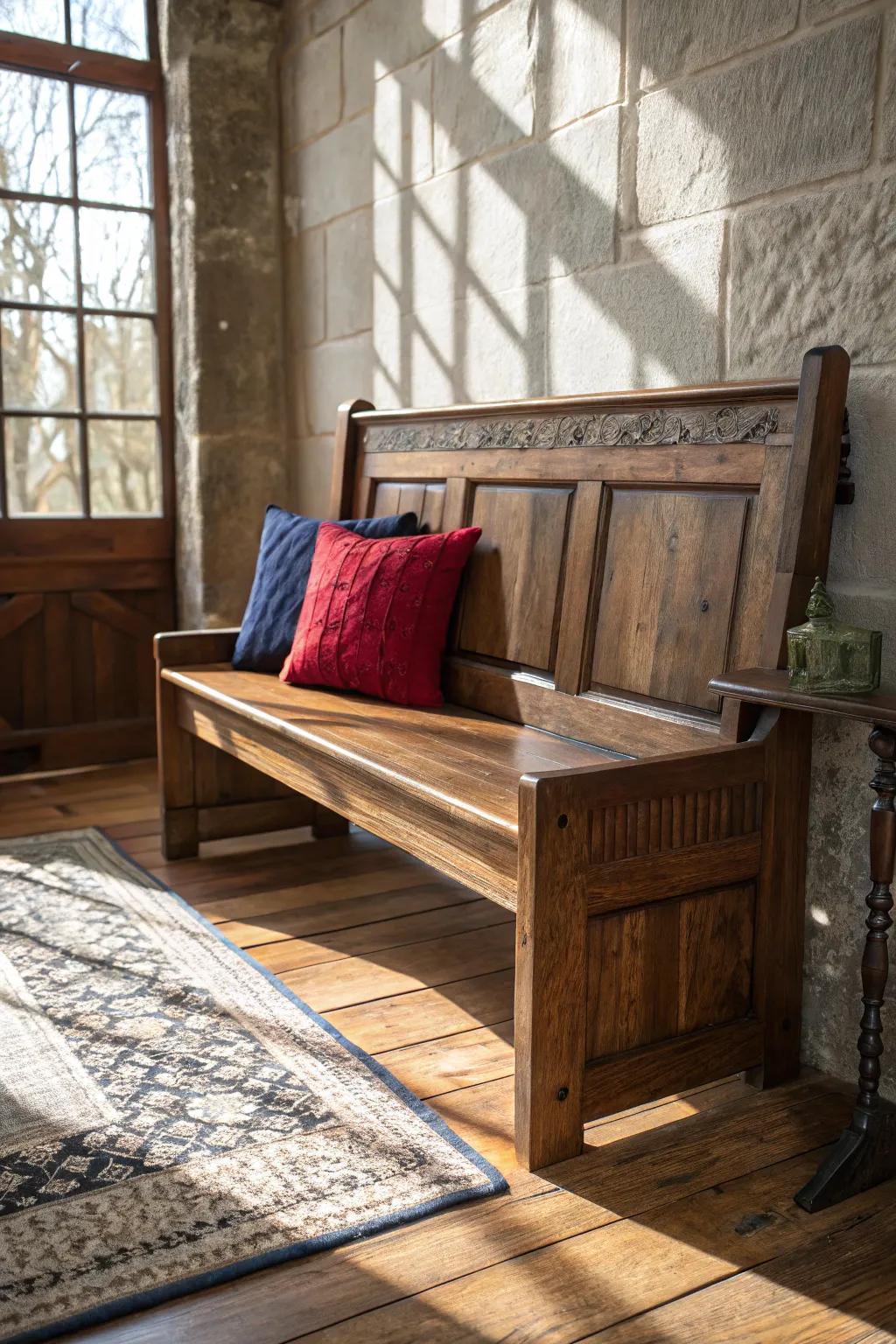 Elevate your farmhouse design with this striking bench featuring a comfortable backrest, ideal for long, cozy chats.