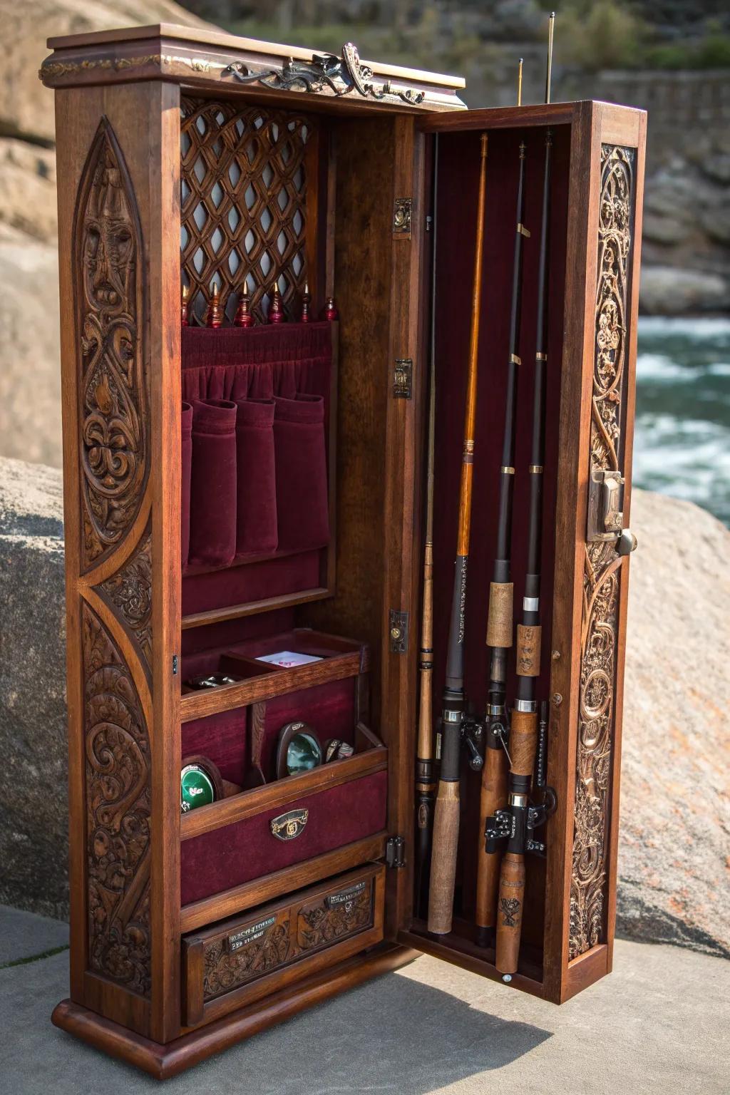 Elevate your fishing expeditions with this expertly crafted pole locker. All essential items are housed in one exquisitely designed location.