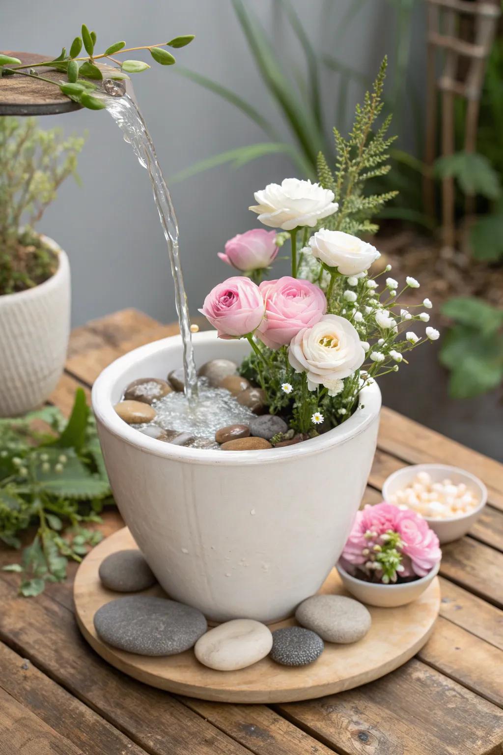 Functional Floral Fusion: Where water harmonizes perfectly with blooms.