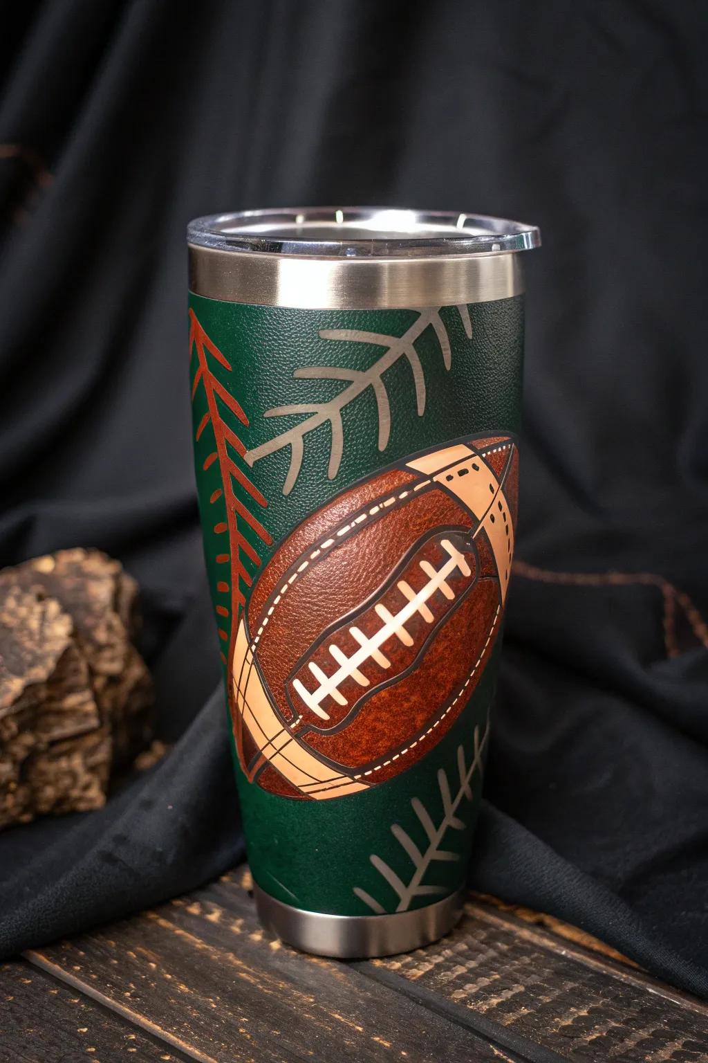 Sip sustainably with style: A football tumbler crafted from recycled materials for the eco-conscious fan.