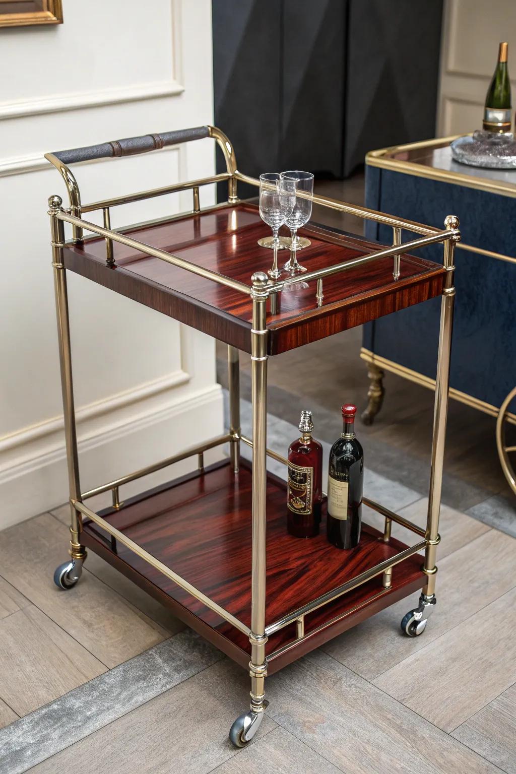 Enhance your hosting game with this exquisitely crafted compact bar cart, where metal meets wood in perfect harmony.