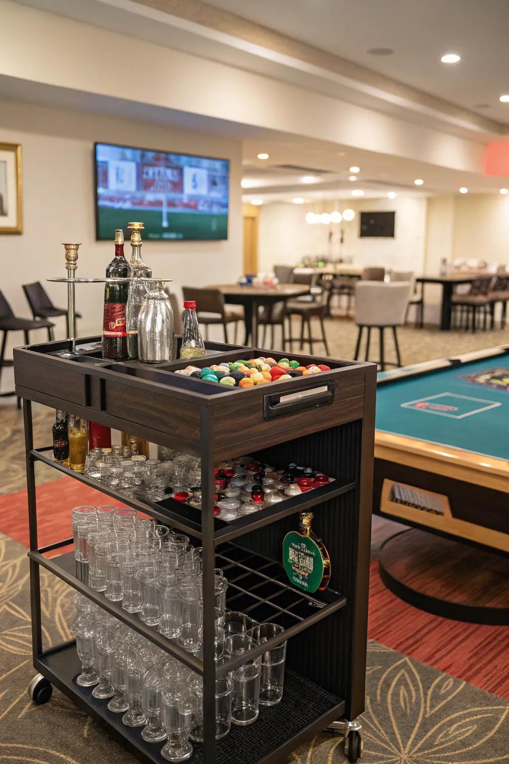 A bespoke cocktail preparation zone adds a personal flair to your game room.