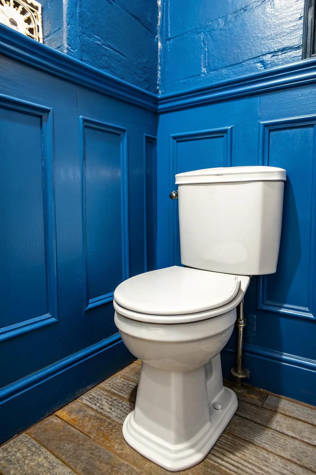 Elevate your lavatory style with a bold blue wall covering that makes a striking statement.