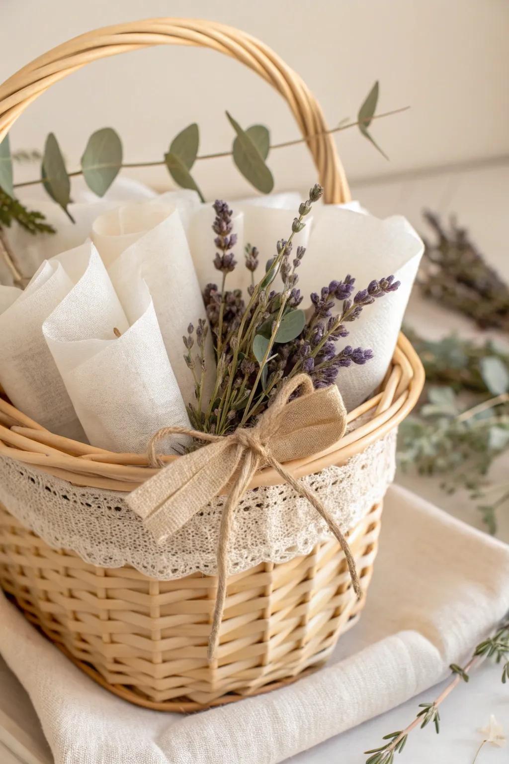 Embrace homespun allure with this elegantly simple gift basket, where natural beauty converges with minimalist design.