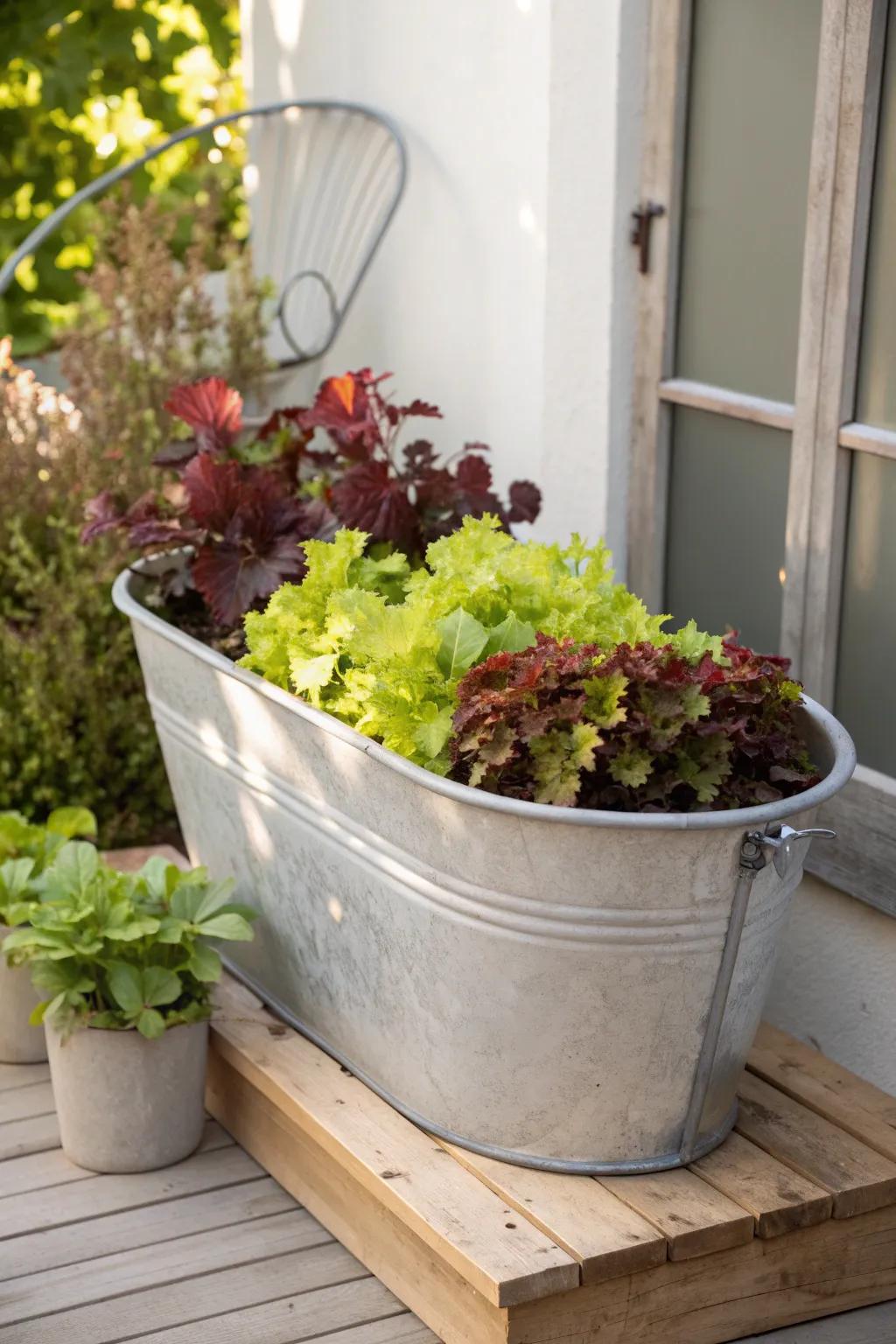 Enhance your garden's aesthetic through a fusion of industrial chic, revealing the beauty of heucheras nestled in a modern alloy tub.