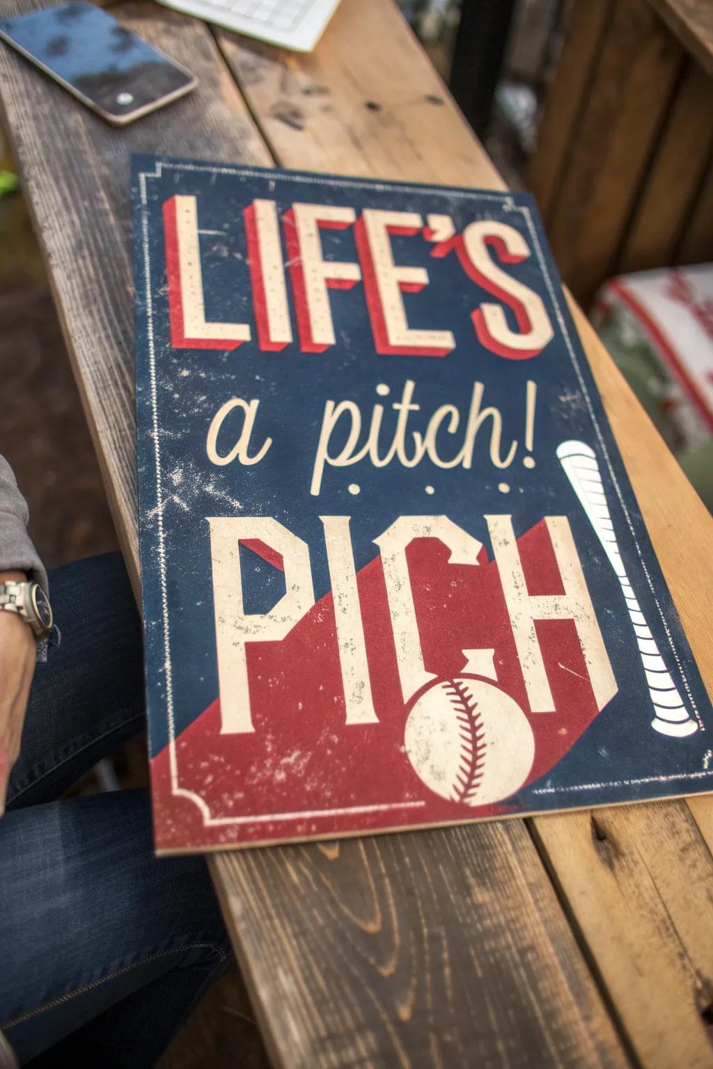 Achieve a decisive victory with humor - 'Life's a pitch!' introduces a spirited touch to your baseball-inspired aesthetic.