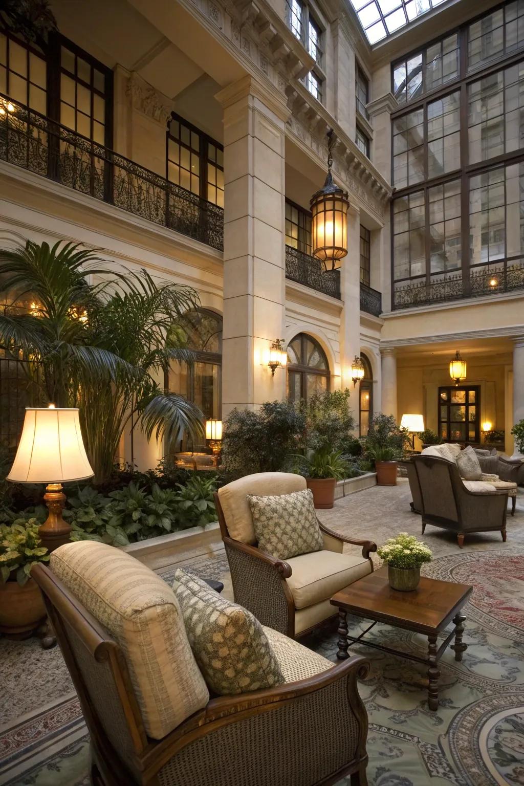 Cozy seating transforms this atrium into a perfect spot for relaxation.